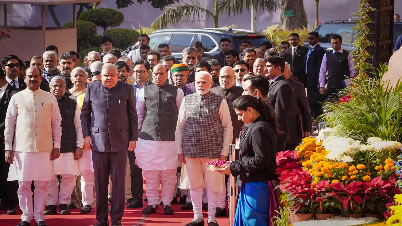 Vice President Jagdeep Dhankhar, Prime Minister Narendra Modi, Lok Sabha Speaker Om Birla, and Defence Minister Rajnath Singh can be seen along with others at the parliament premises. Pic/PTI